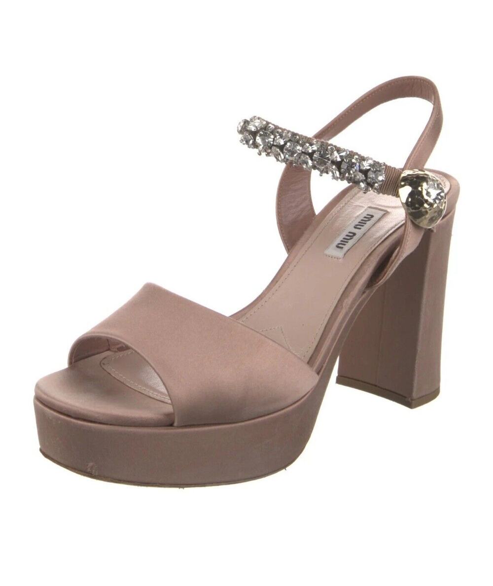 Miu Miu Nude Calzature Donna Satin Crystal Ankle Strap Platform Block Heels 10.5